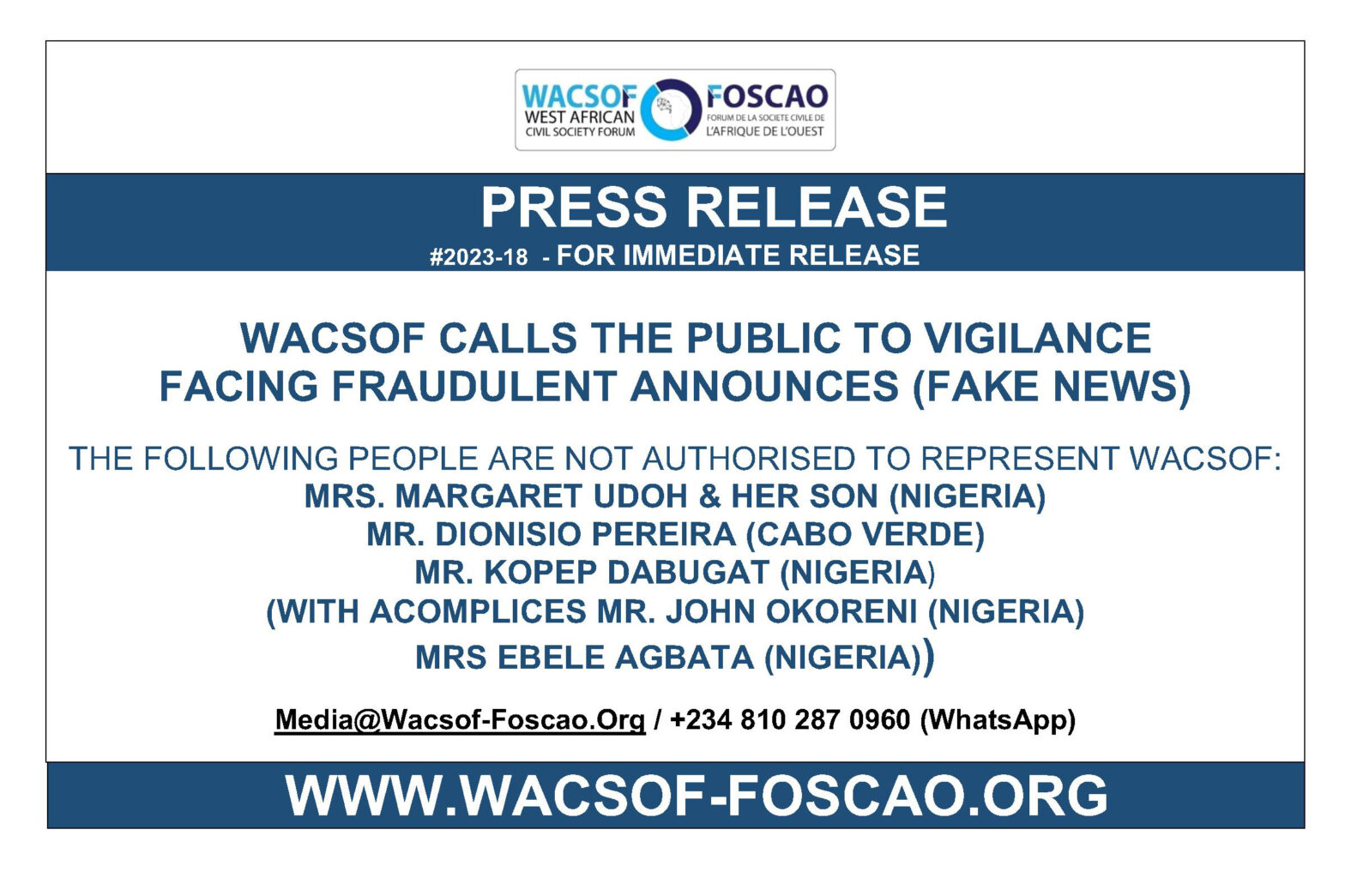 WACSOF CALLS THE PUBLIC TO VIGILANCE FACING FRAUDULENT ANOUNCES (FAKE NEWS) 