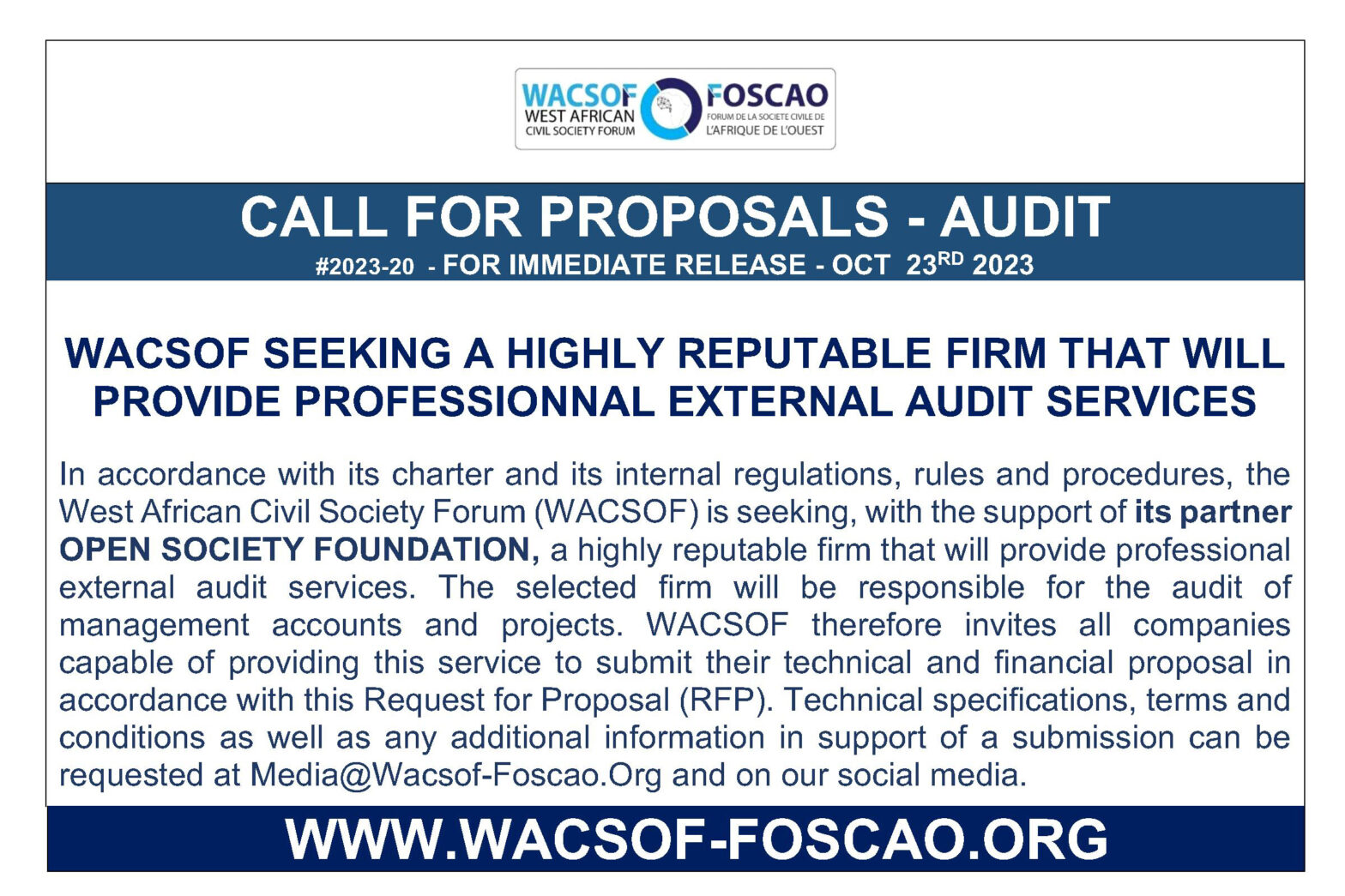 WACSOF SEEKING A HIGHLY REPUTABLE FIRM THAT WILL PROVIDE PROFESSIONNAL EXTERNAL AUDIT SERVICES