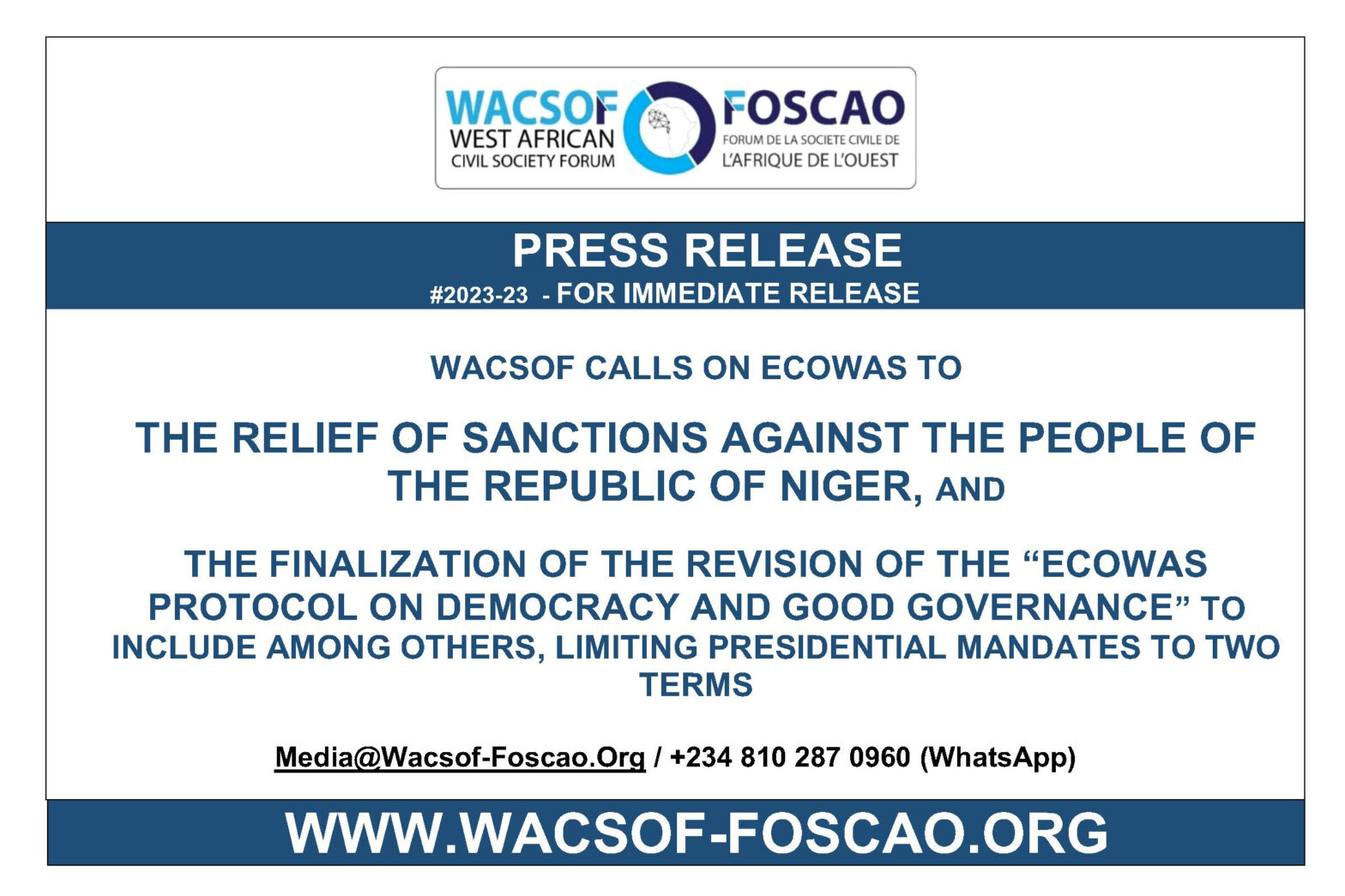 WACSOF CALLS FOR RELIEF OF SANCTIONS AGAINST THE PEOPLE OF NIGER, AND THE FINALIZATION OF THE REVISION OF THE “ECOWAS PROTOCOL ON DEMOCRACY & GOOD GOVERNANCE” TO INCLUDE, AMONG OTHERS, THE LIMITATION OF PRESIDENTIAL MANDATES TO 2 TERMS